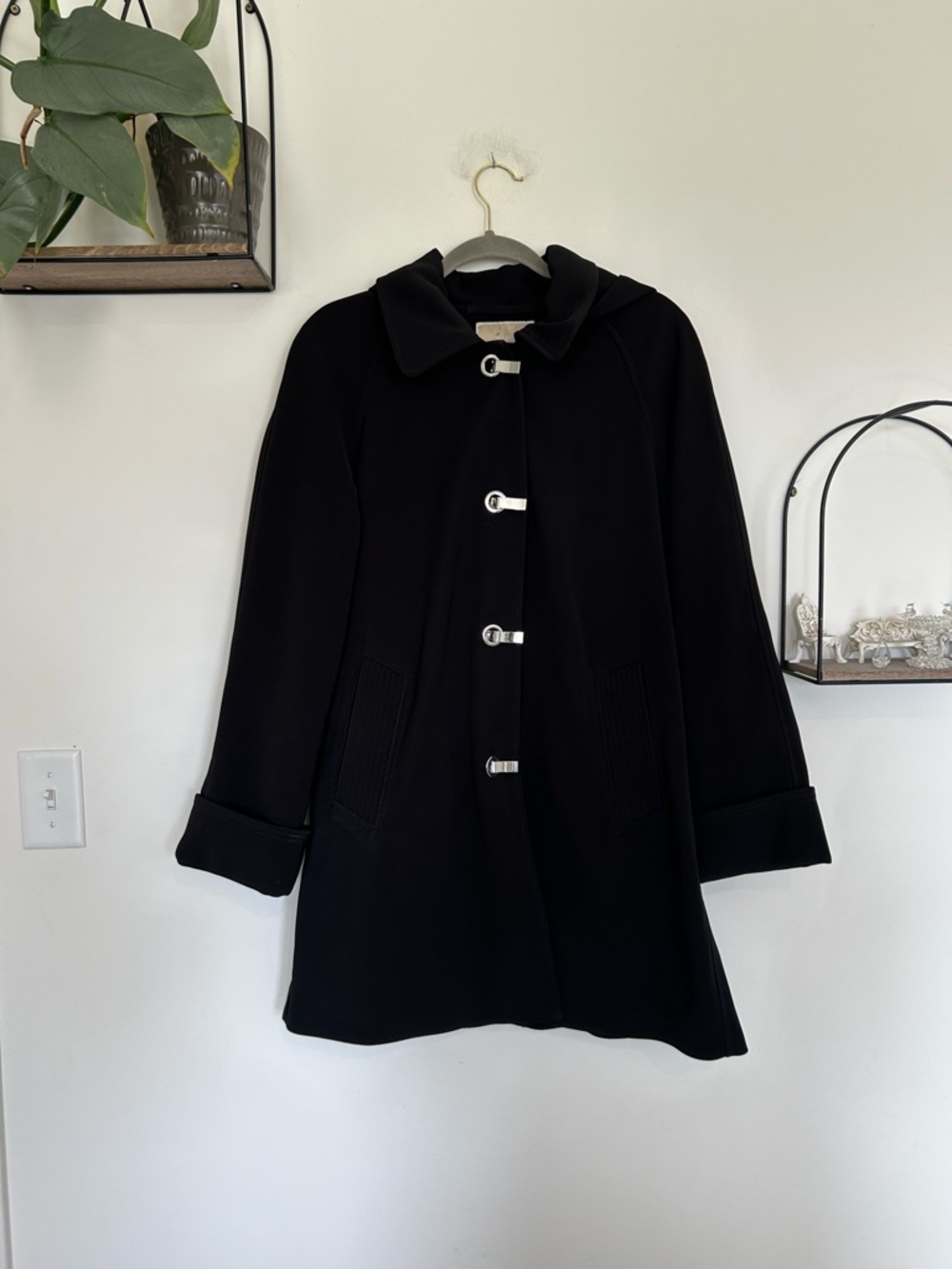 Michael Michael Kors Black Latch Closure Hooded Long Line Coat Size Medium